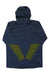 Men's dark blue hooded zip jacket with green chevron panel accents