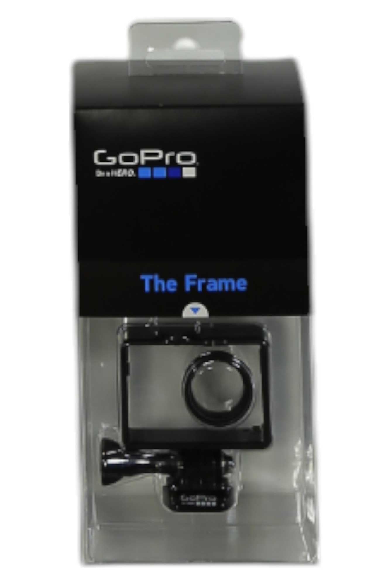 GoPro The Frame in retail packaging, featuring a black plastic mount and protective lens for GoPro HERO4, visible through a clear front with branding on the black cardboard header.