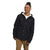 Men's black hooded shirt jacket with sherpa-lined hood and snap-button chest pockets