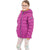 A smiling girl with glasses wears the Big Agnes Youth Ice House Jacket in bright purple, featuring a hood, along with patterned leggings. She stands against a plain white background.