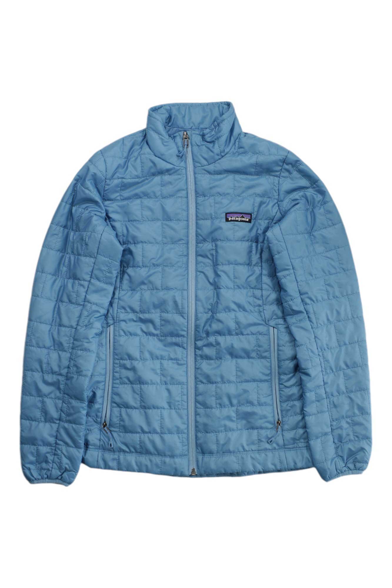Light blue insulated jacket with full-zip front, stand collar, and quilted panels