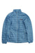 Light blue insulated jacket with full-zip front, stand collar, and quilted panels