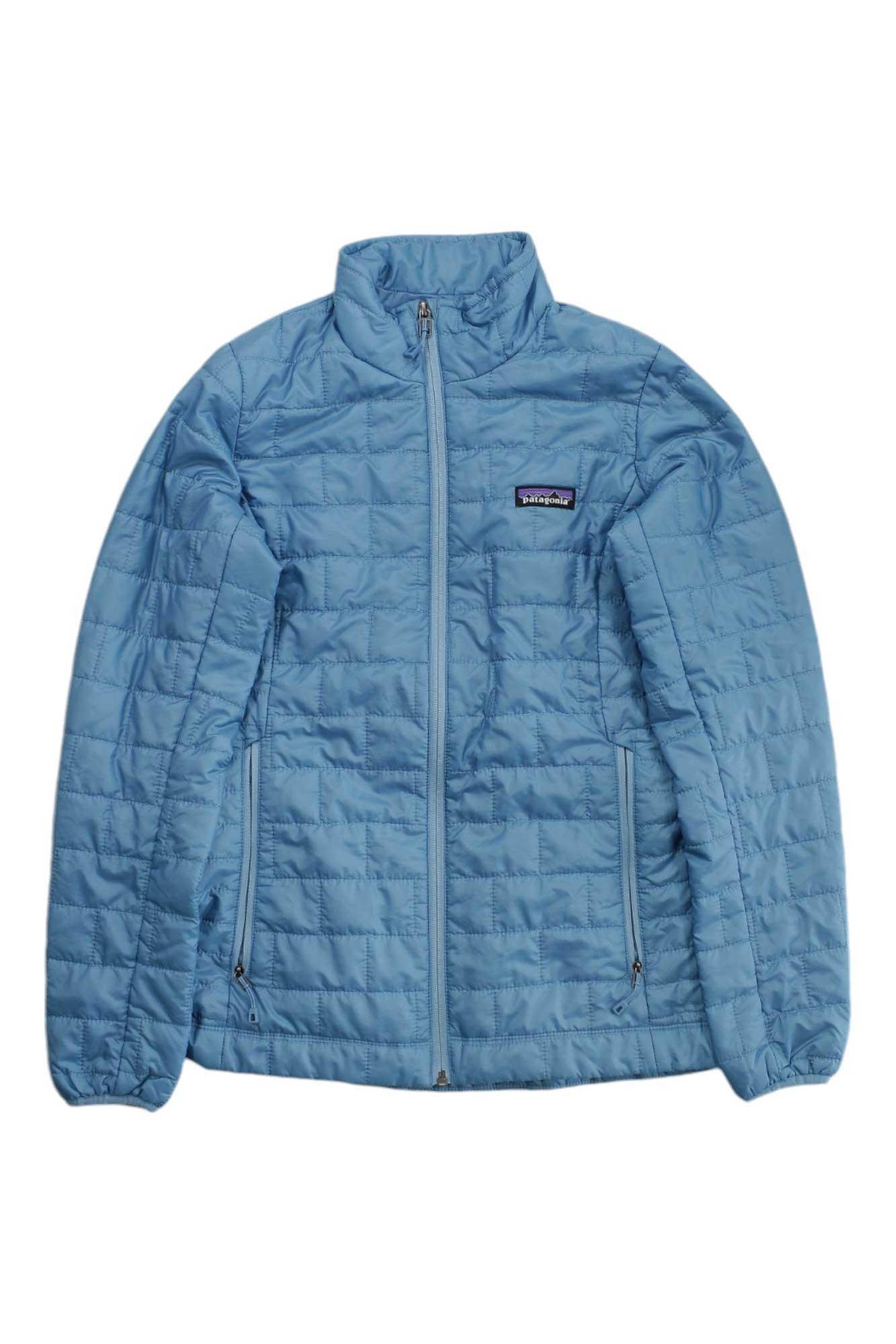 Light blue insulated jacket with full-zip front, stand collar, and quilted panels
