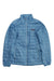Light blue insulated jacket with full-zip front, stand collar, and quilted panels