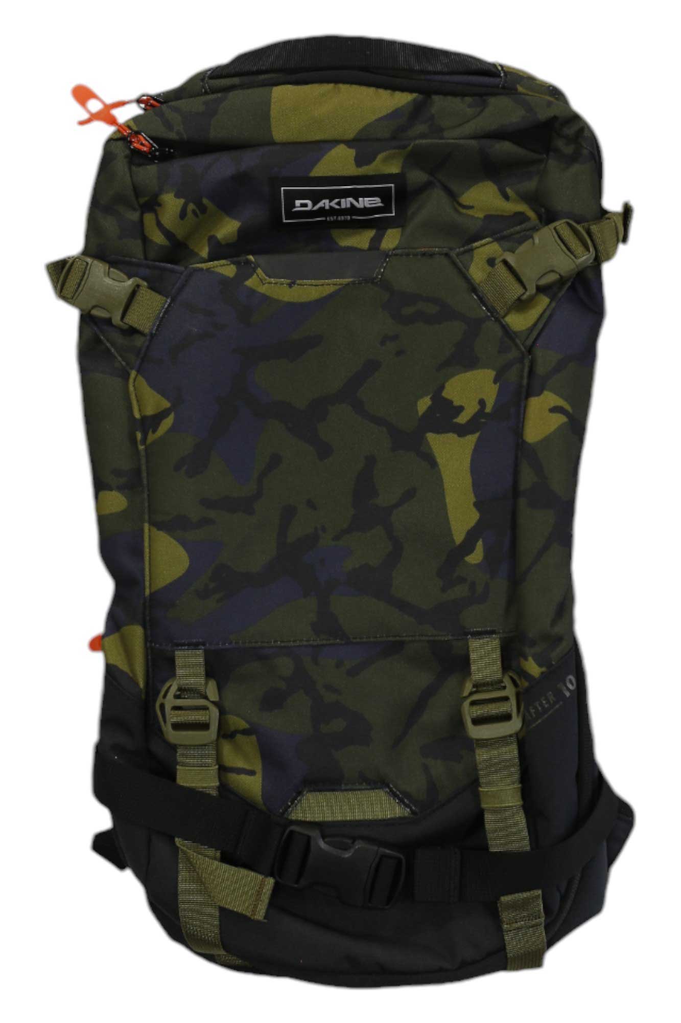 The Dakine Drafter 10L Hydration Pack features a green, dark blue, and yellow camo pattern, multiple straps and buckles on the front, a lightweight frame, space for a hydration reservoir, and the Dakine logo near the top.