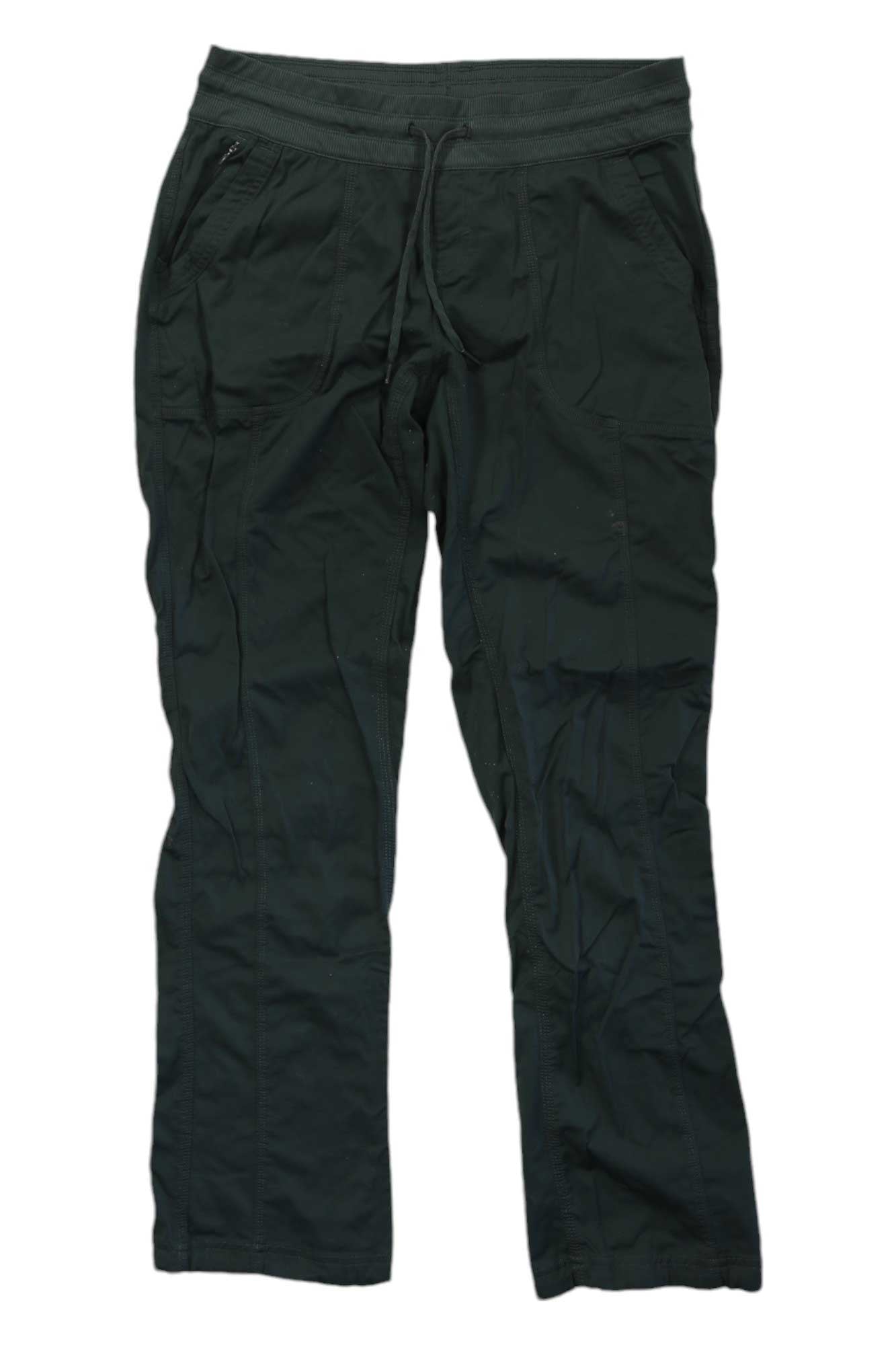 The Women’s Aphrodite 2.0 Pants in dark green, featuring a relaxed fit, durable fabric, elastic waistband with drawstring, and zippered pockets, are shown laid flat on a white background.