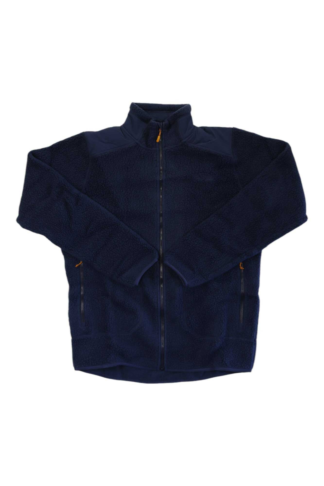 The Rab Mens Outpost Jacket is a navy blue Polartec fleece with a full zip, high collar, long sleeves, zippered pockets, and a curved hem—perfect for cool weather adventures.