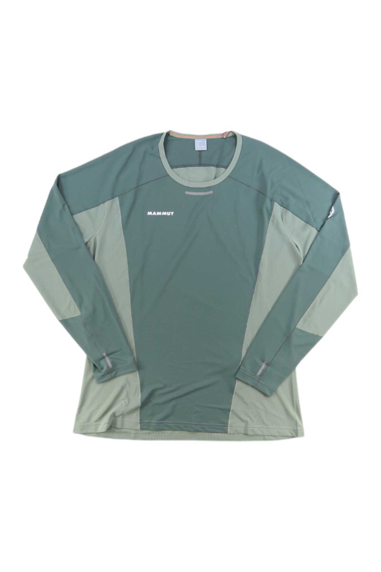 The Mammut Womens Aenergy FL LS Top is a lightweight, long sleeve crewneck in light green with dark green panels, Mammut logo on the left chest, and made from recycled polyester. It’s moisture-wicking and shown laid flat on a white background.