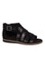 The Cat Footwear Women's Sunswept Sandal is a black gladiator-style sandal for women with multiple leather straps, side buckle closure, flat sole, open toe, cushioned comfort, and an antimicrobial sock liner.