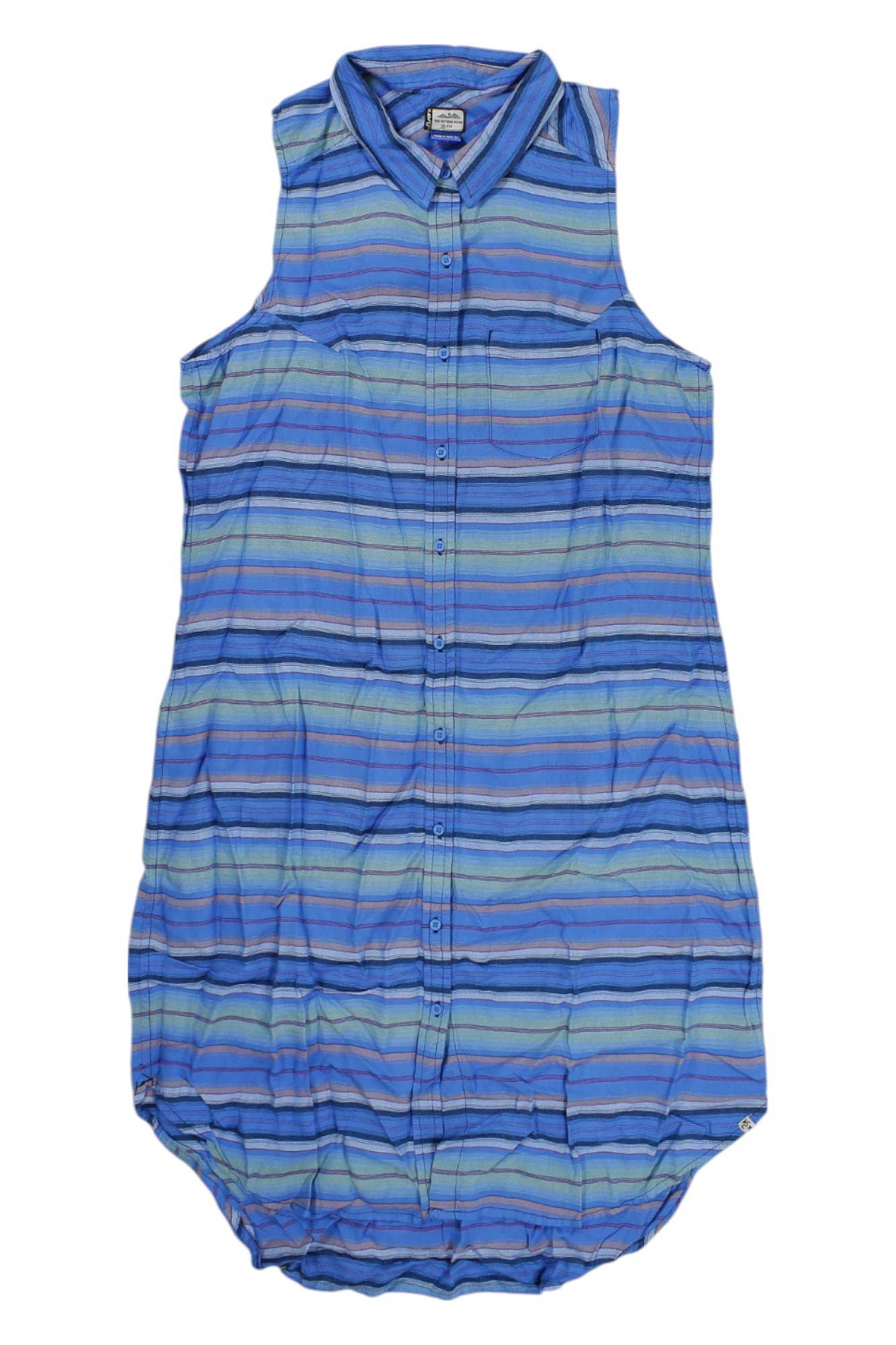 The KAVU Women's Brighton Dress is a sleeveless, blue and green striped button-down travel dress with a collar and curved hem. Shown laid flat, the fabric has a slightly wrinkled look.