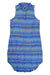 The KAVU Women's Brighton Dress is a sleeveless, blue and green striped button-down travel dress with a collar and curved hem. Shown laid flat, the fabric has a slightly wrinkled look.