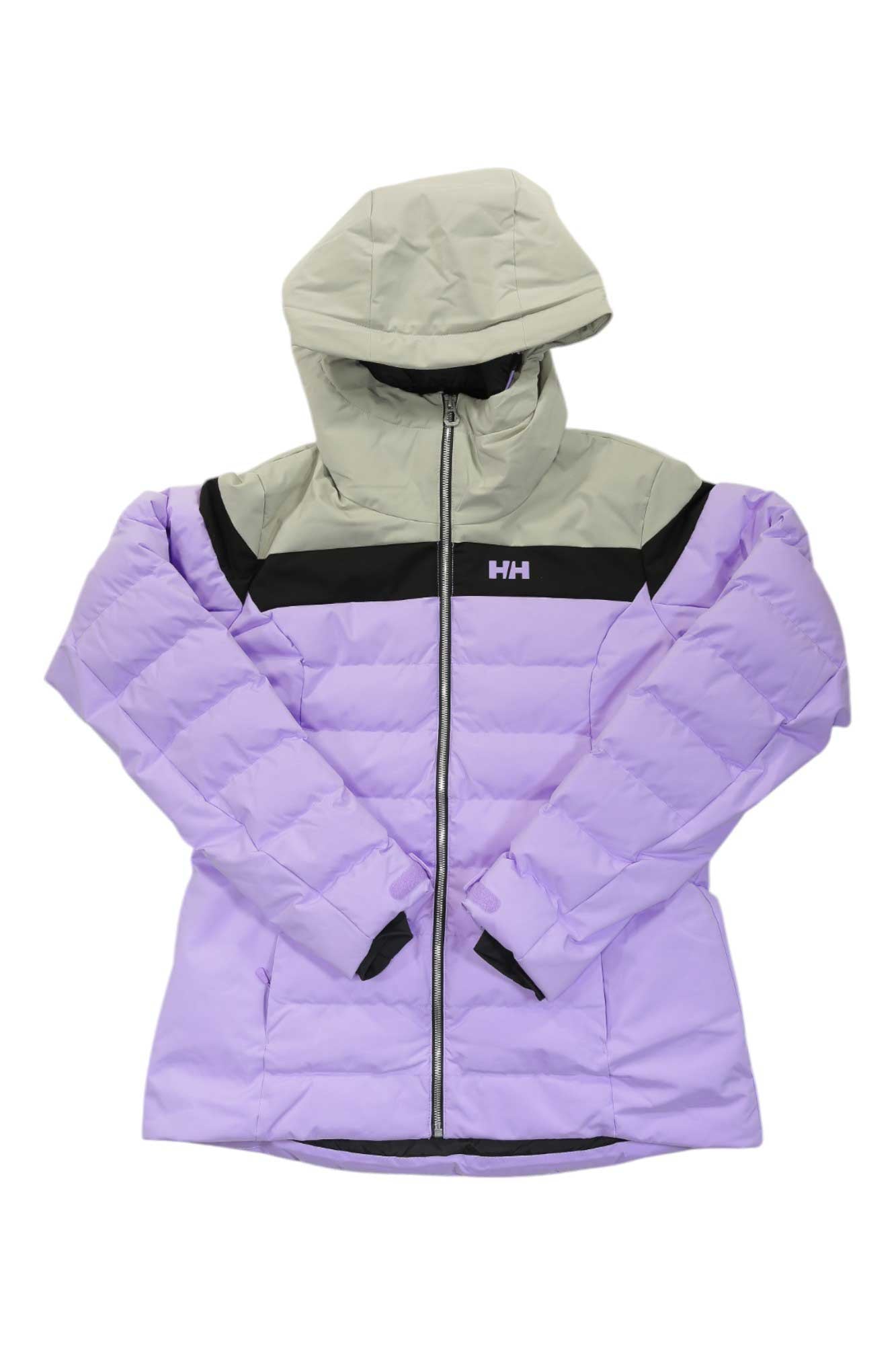 Women's purple hooded puffy jacket with full-length zipper and black trim
