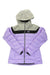Women's purple hooded puffy jacket with full-length zipper and black trim