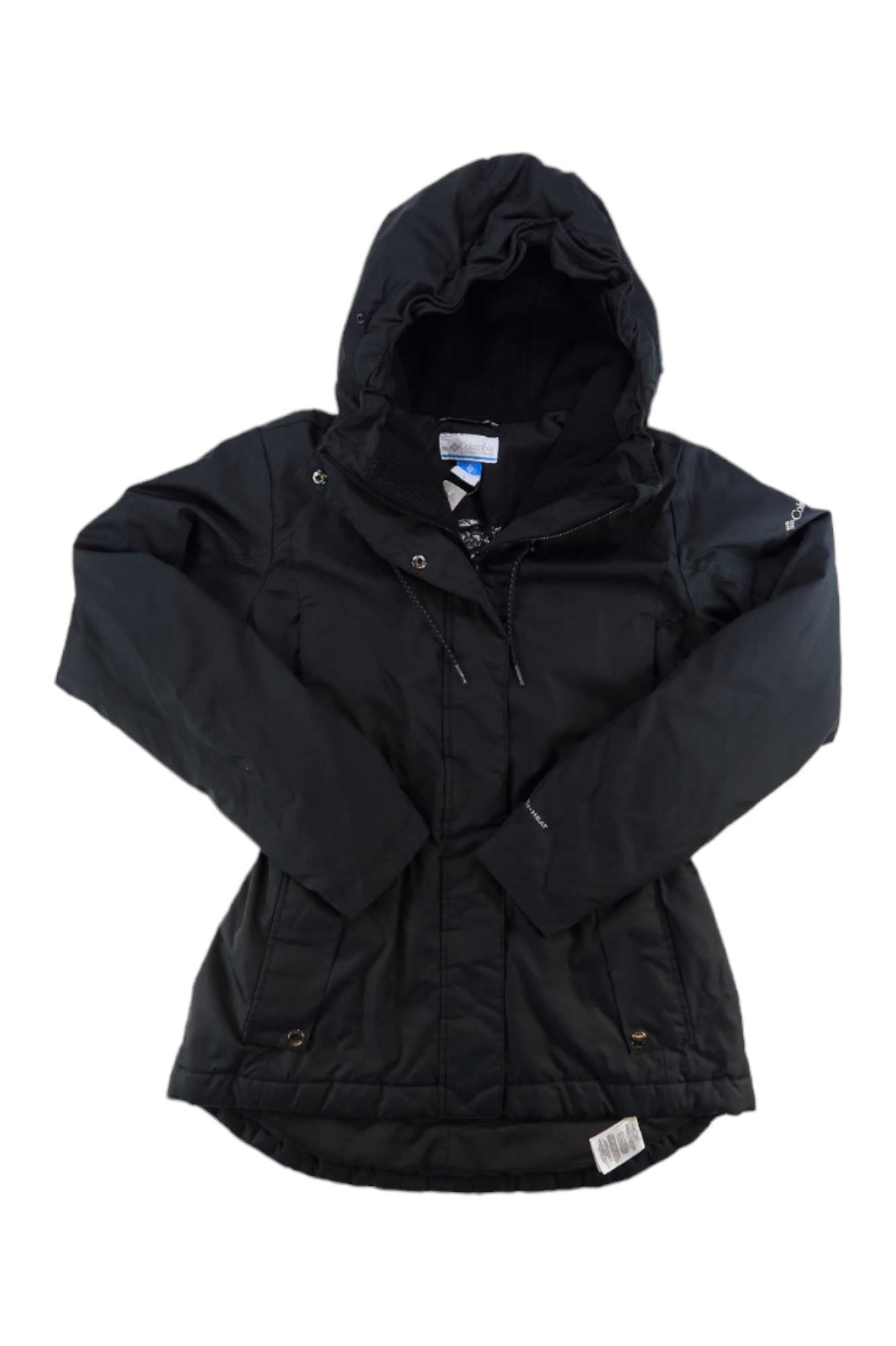 Women's black insulated jacket with hood, snap front, long sleeves, quilted design
