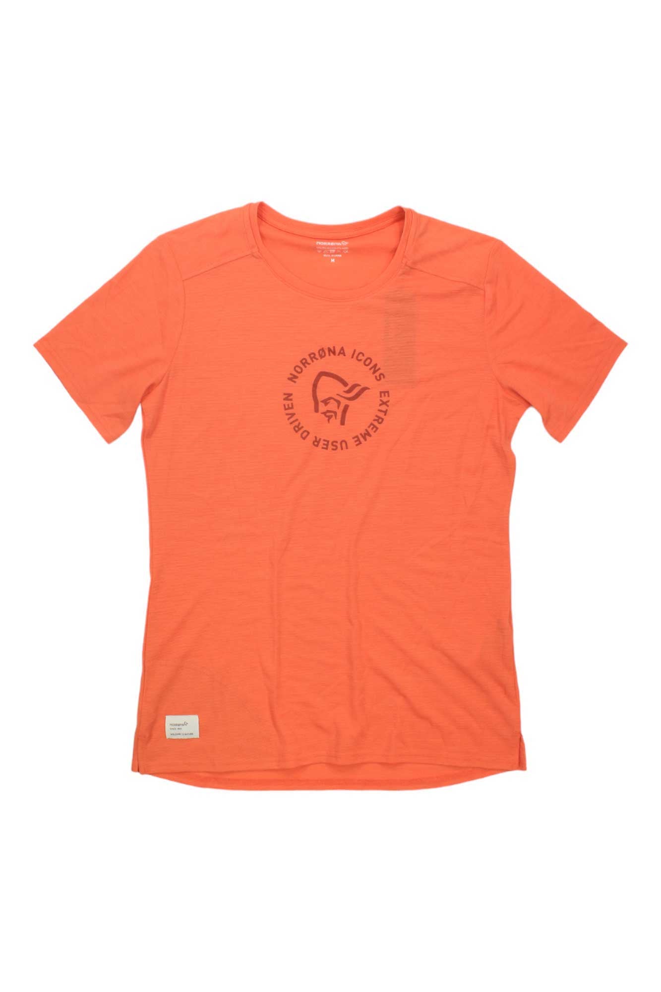 Norrona women’s Svalbard wool t-shirt, coral crew neck with circular chest emblem