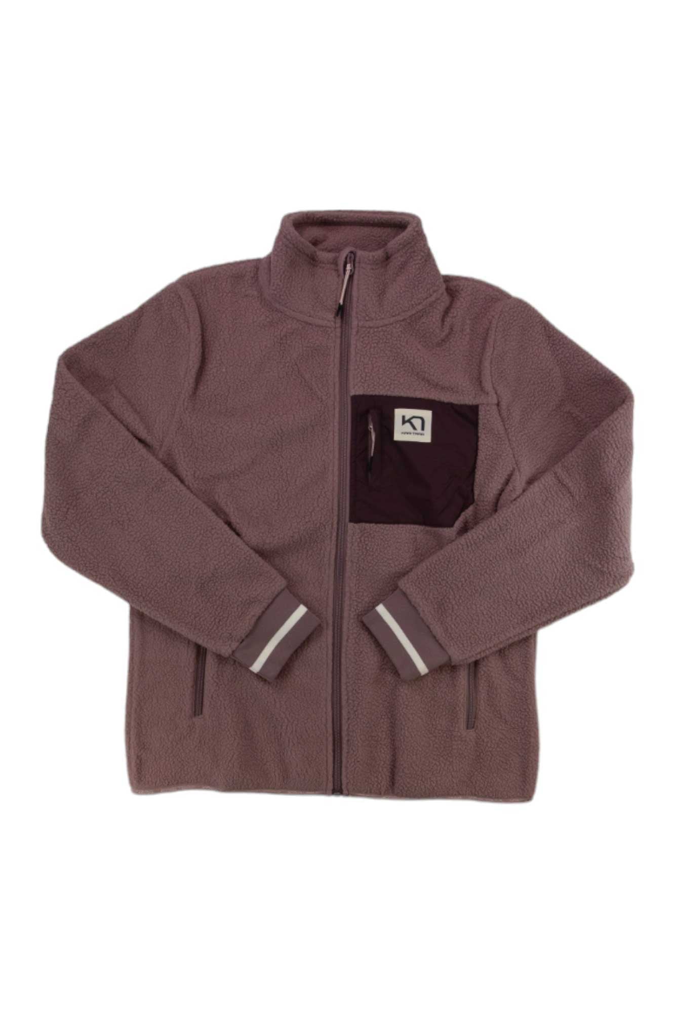 The Rothe Fleece Jacket is a mauve zip-up with a stand-up collar, dark purple chest pocket and logo patch, light gray stripes at the cuffs and pocket, and is bluesign approved for responsible production.