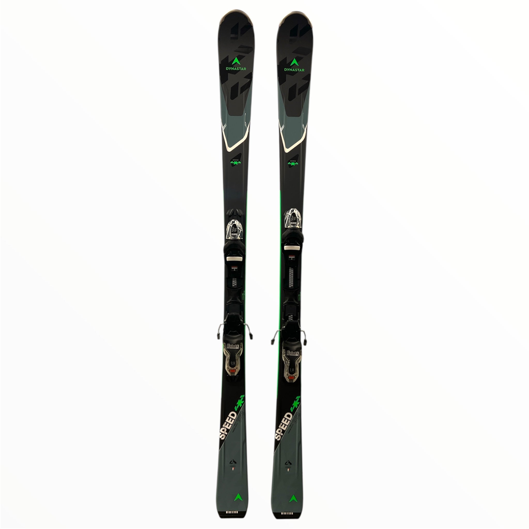 A pair of Dynastar Speed 263 Skis with Xpress 10 GW Bindings, black and green, are positioned side by side on a white background. The skis display the Dynastar brand and model name "Speed 263.