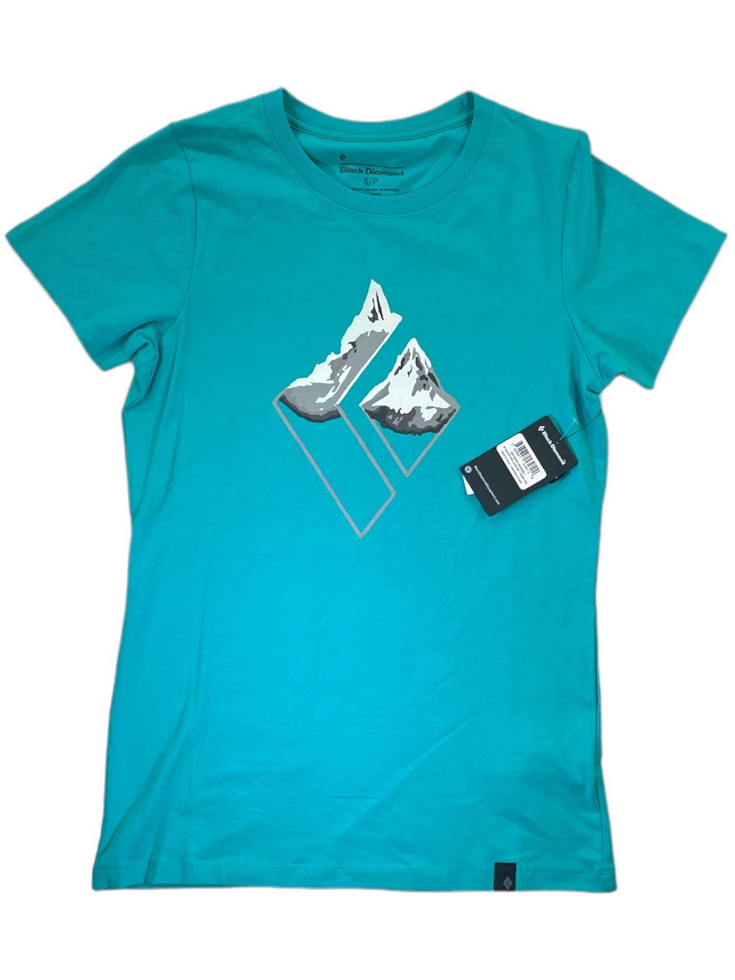 Teal womens short sleeve T-shirt with mountain logo graphic on front