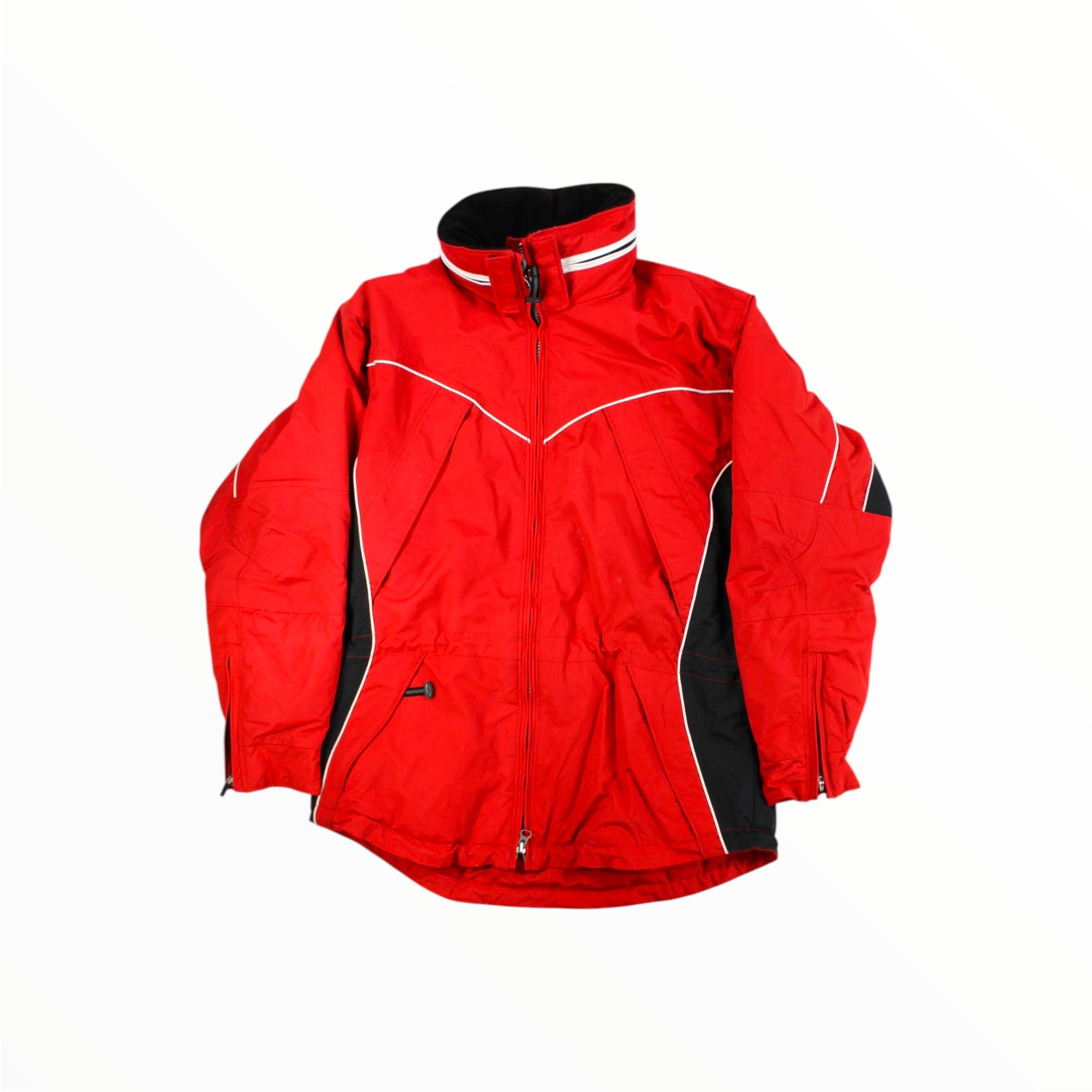 The Obermeyer Womens Dynamic Ski Jacket is bright red with black and white accents, featuring a high collar, long sleeves, and zippered pockets, displayed on a white background.