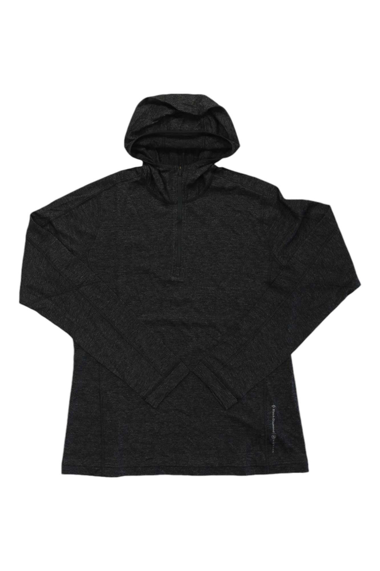 The Black Diamond Womens Solution 150 Merino Quarter Zip Hoody Baselayer is a dark gray, long-sleeve women's relaxed fit hoody, shown laid flat on a white background.