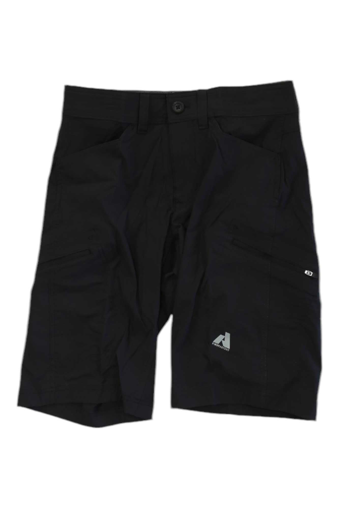 Eddie Bauer First Ascent Men’s Guide Pro 12 Inch Shorts in black feature side and zippered cargo pockets, a button waist closure, small mountain logo, sun protection; knee-length and shown flat on a white background.