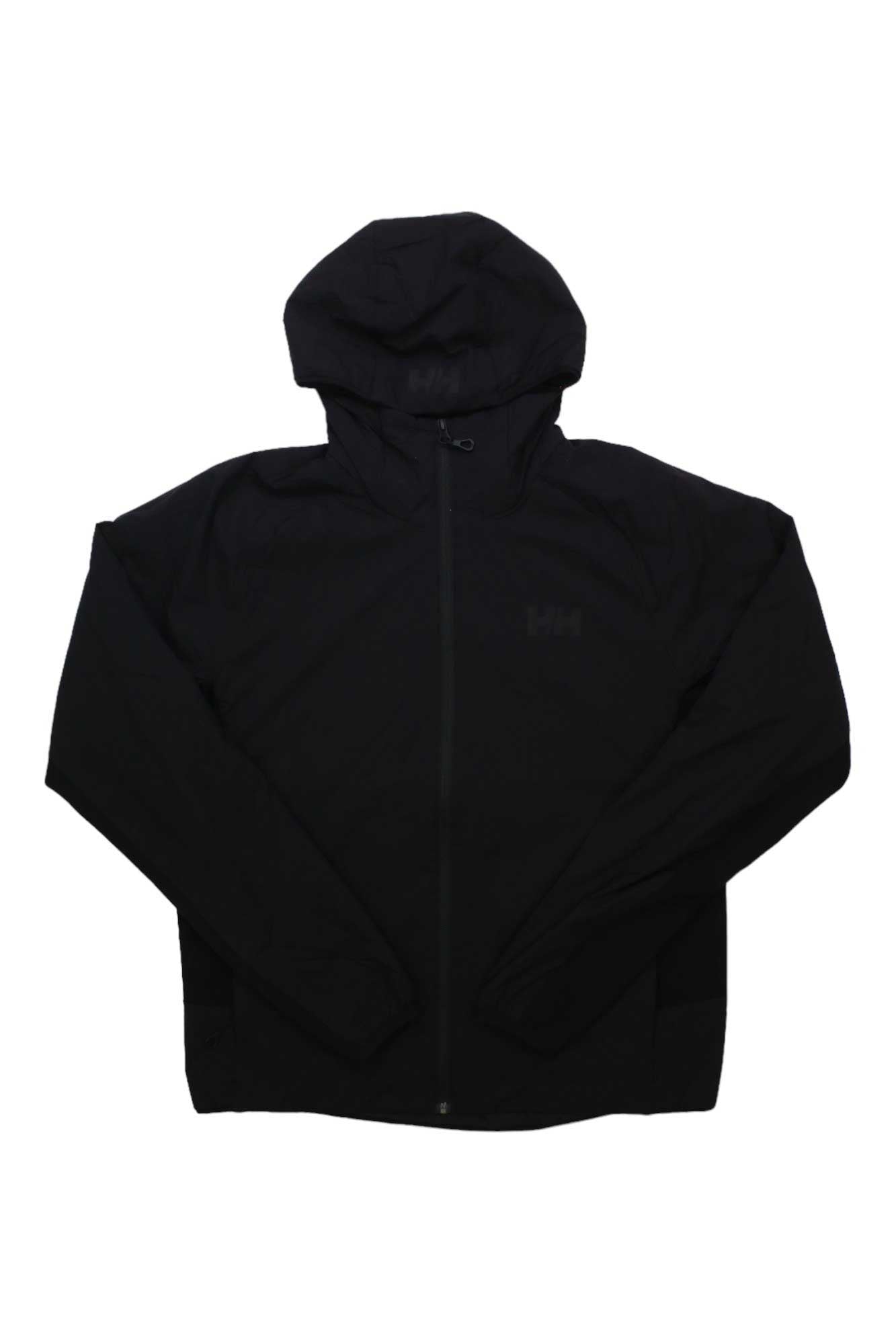 The Helly Hansen Men's Odin Lt Stretch Insulated 2.0 Hoodie, a plain black outdoor jacket with a hood and zip-up front, is laid flat on a white background.