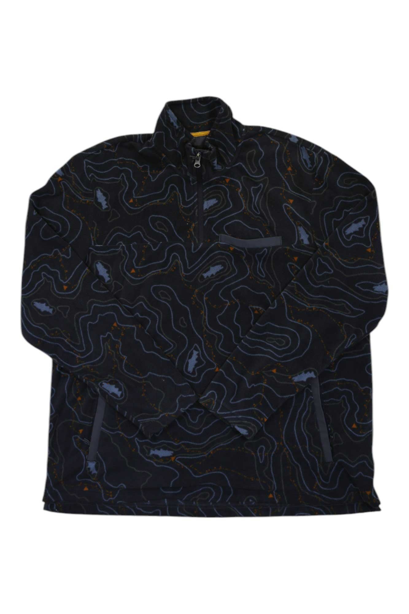 Men's 1/4 zip microfleece pullover with abstract map-like print and chest pocket