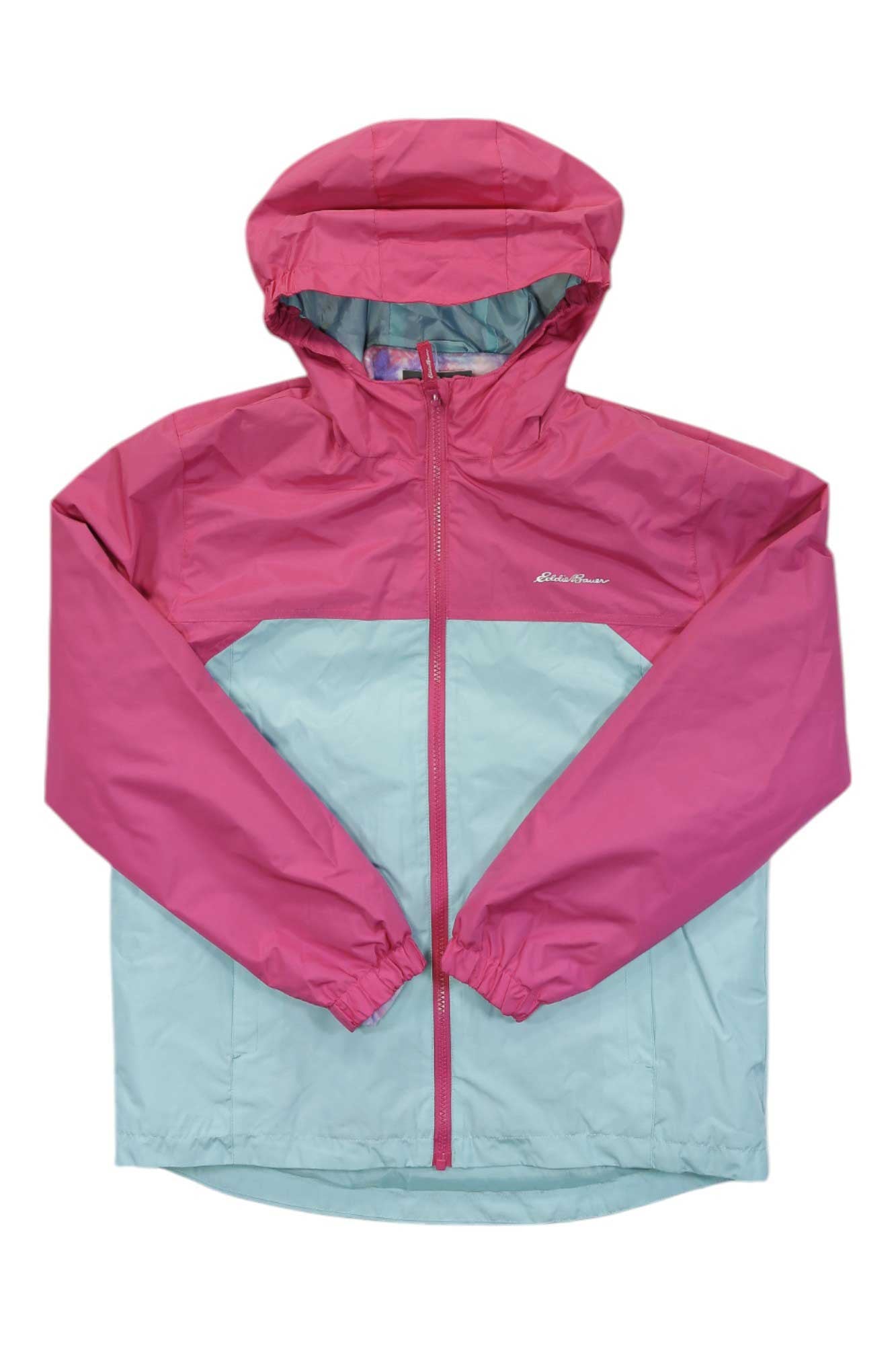 The Eddie Bauer Girls Lone Peak 3-In-1 Jacket is a two-tone waterproof jacket with a pink upper and sleeves, light blue lower half, front zipper, elastic cuffs, and a small white logo on the left chest.