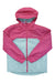 The Eddie Bauer Girls Lone Peak 3-In-1 Jacket is a two-tone waterproof jacket with a pink upper and sleeves, light blue lower half, front zipper, elastic cuffs, and a small white logo on the left chest.