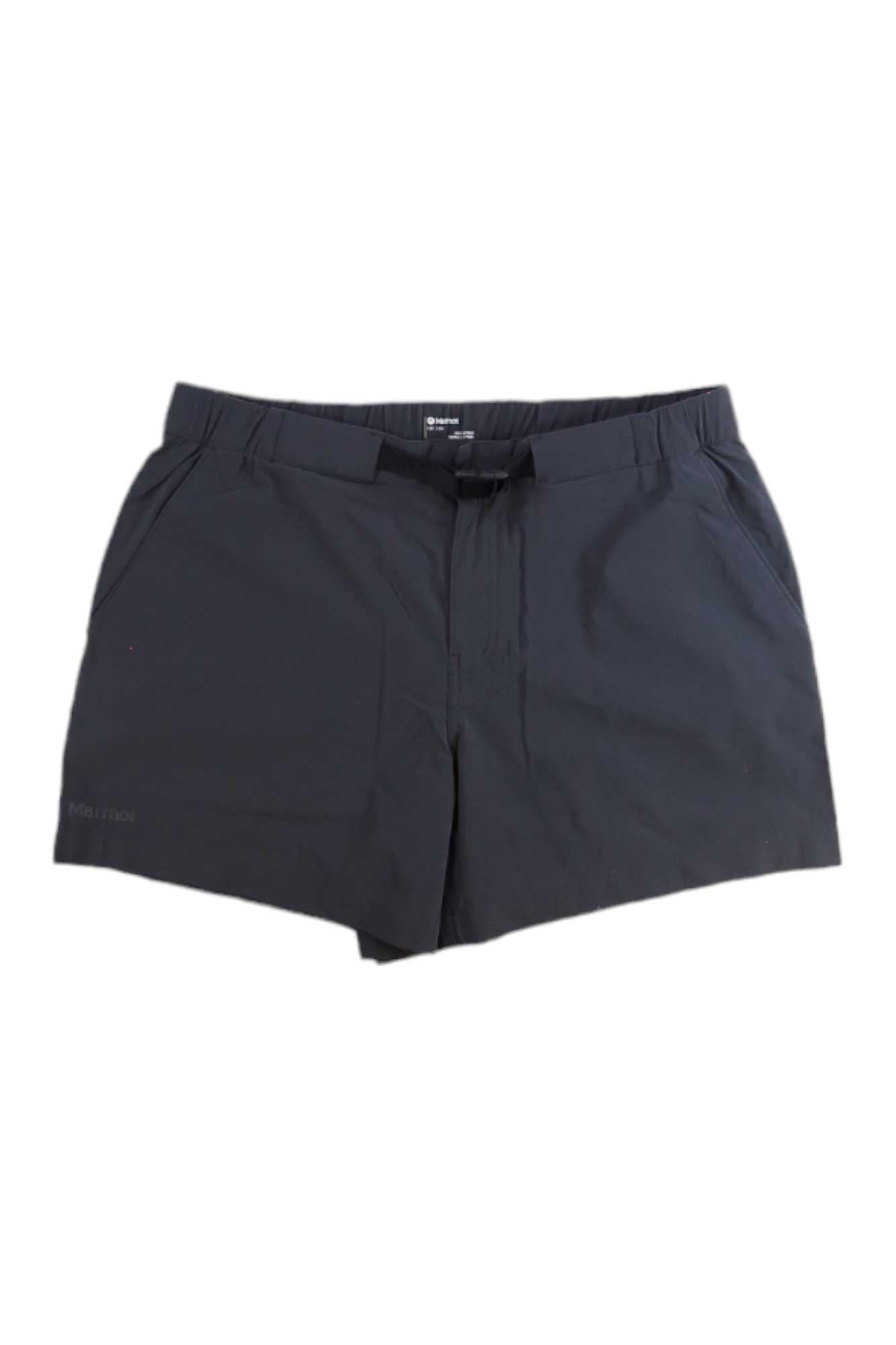 The Marmot Women’s Kodachrome 5 Inch Short in plain black, featuring belt loops and a front zipper, is shown laid flat on a white background. These quick-drying shorts are perfect for outdoor adventures.