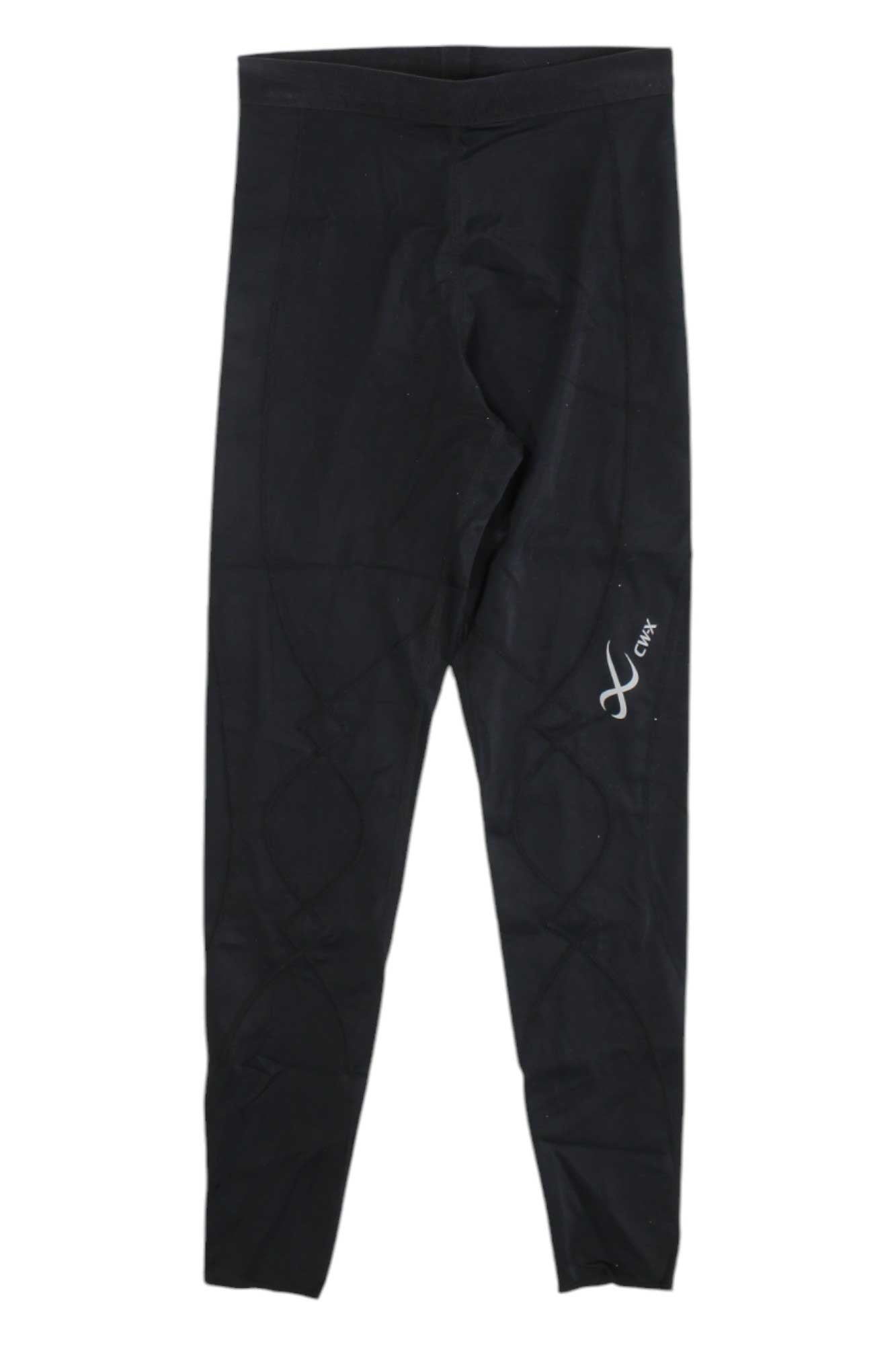 A pair of CW-X Womens Expert 3.0 Tights in black, featuring a small white CX logo on the upper left thigh for enhanced muscle support, shown against a white background.