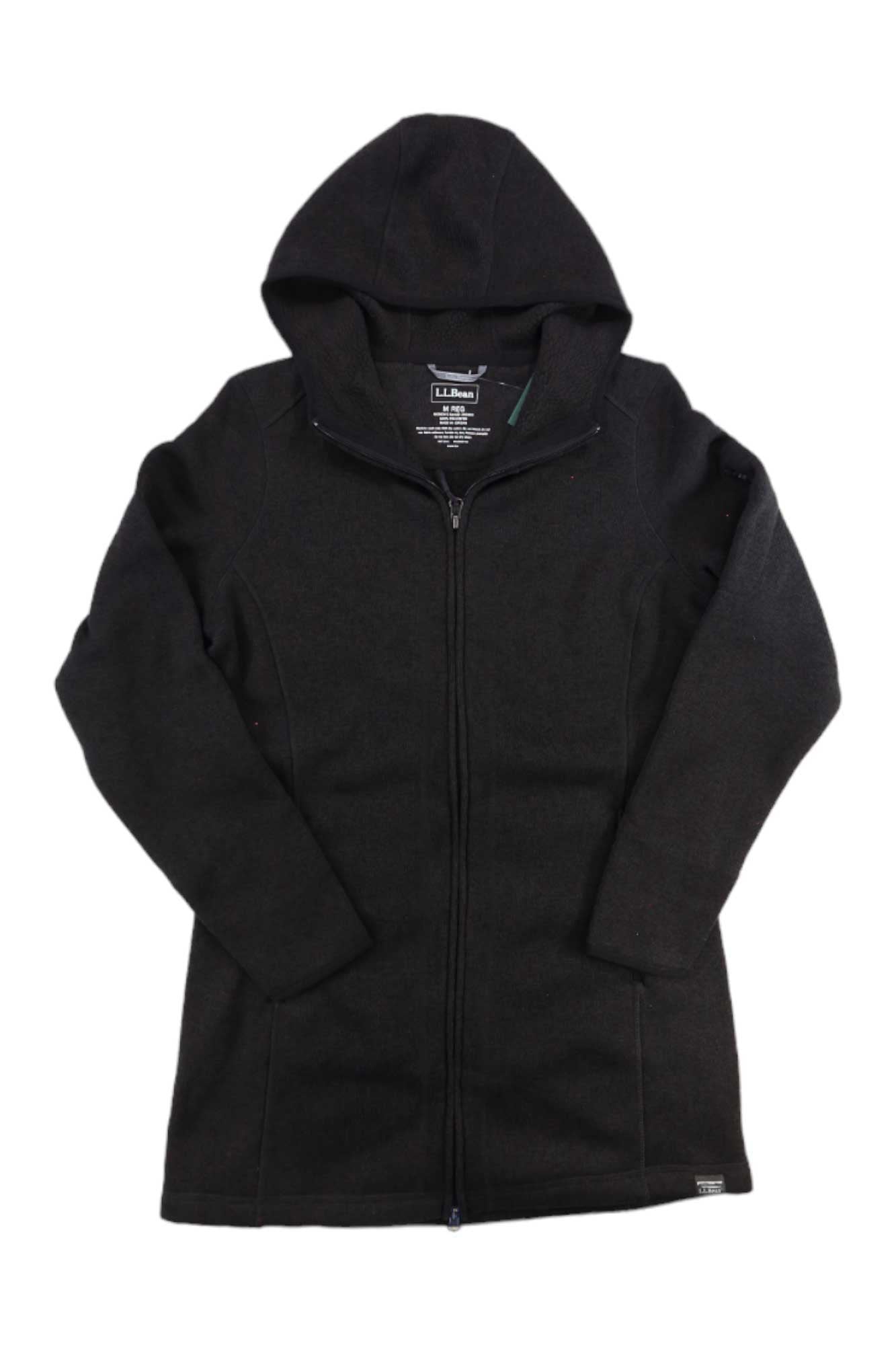 A black L.L.Bean Women's Beans Sweater Fleece Coat with a hood and zip-up front, featuring long sleeves. The cozy sweater fleece jacket is shown laid flat on a white background.