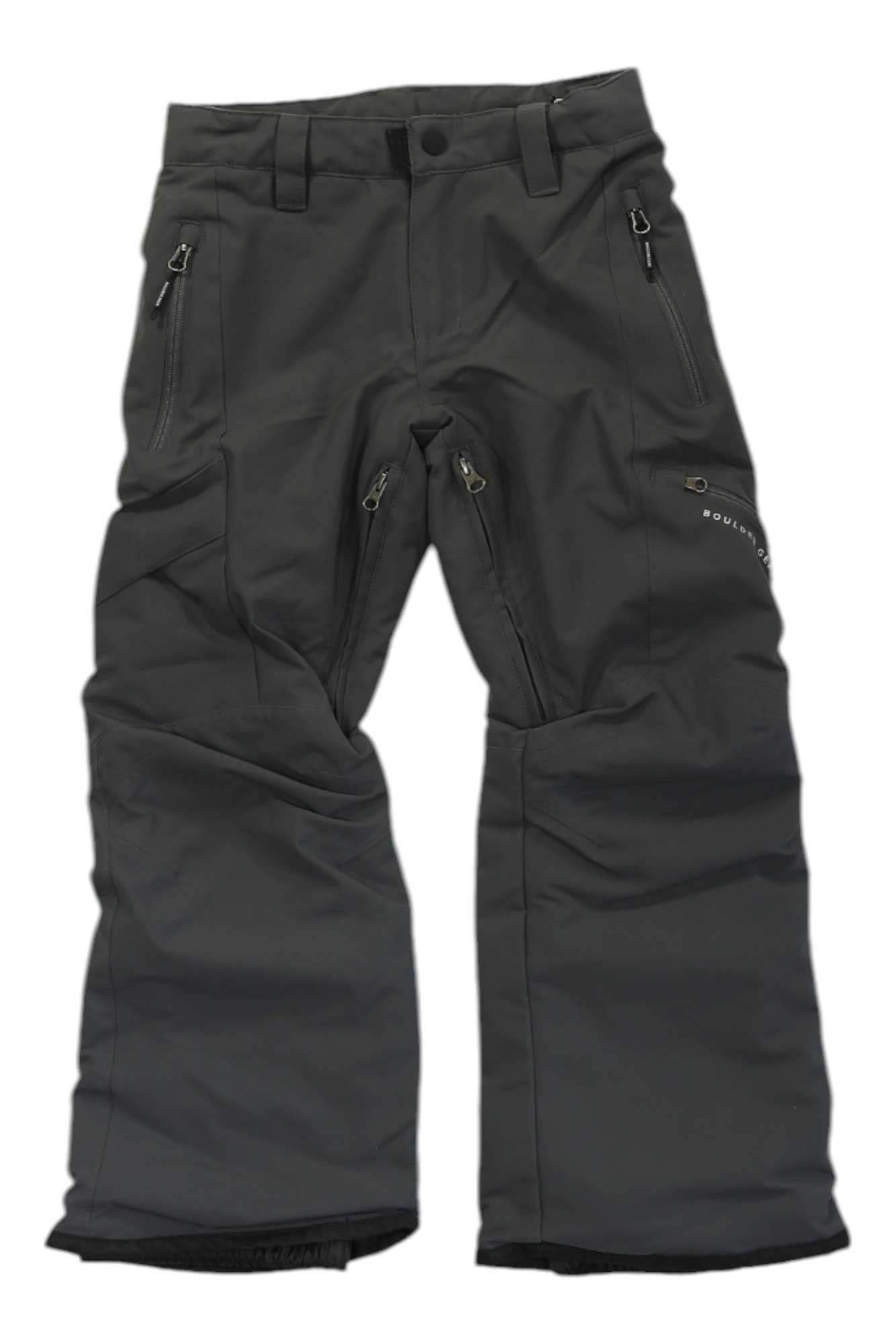 The Bolt Cargo Insulated Snow Pants are dark gray boys’ ski pants with zippered pockets, reinforced knees, and an adjustable waistband—perfect for outdoor winter activities.