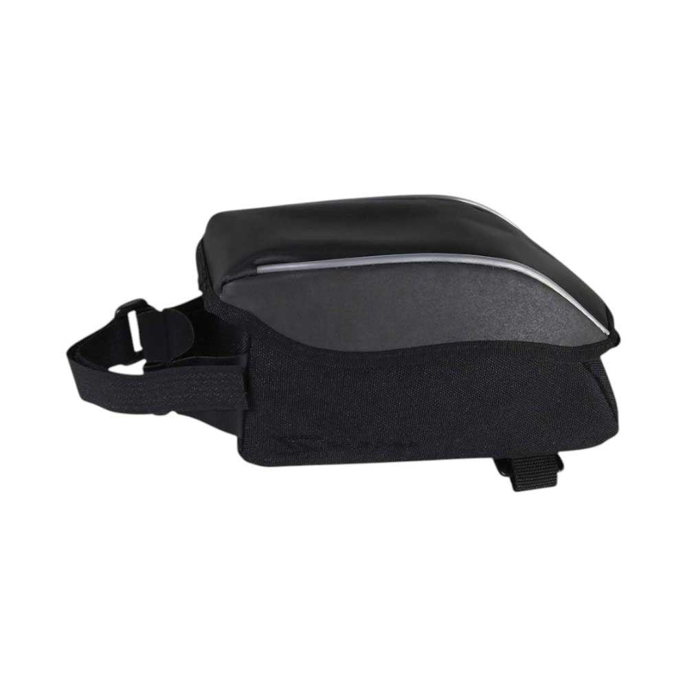 The Serfas Aerodynamic Top Tube Bag is a black, rectangular cycling accessory featuring a top zipper, reflective strip, and adjustable straps for secure bike frame attachment—offering convenient on-bike storage.