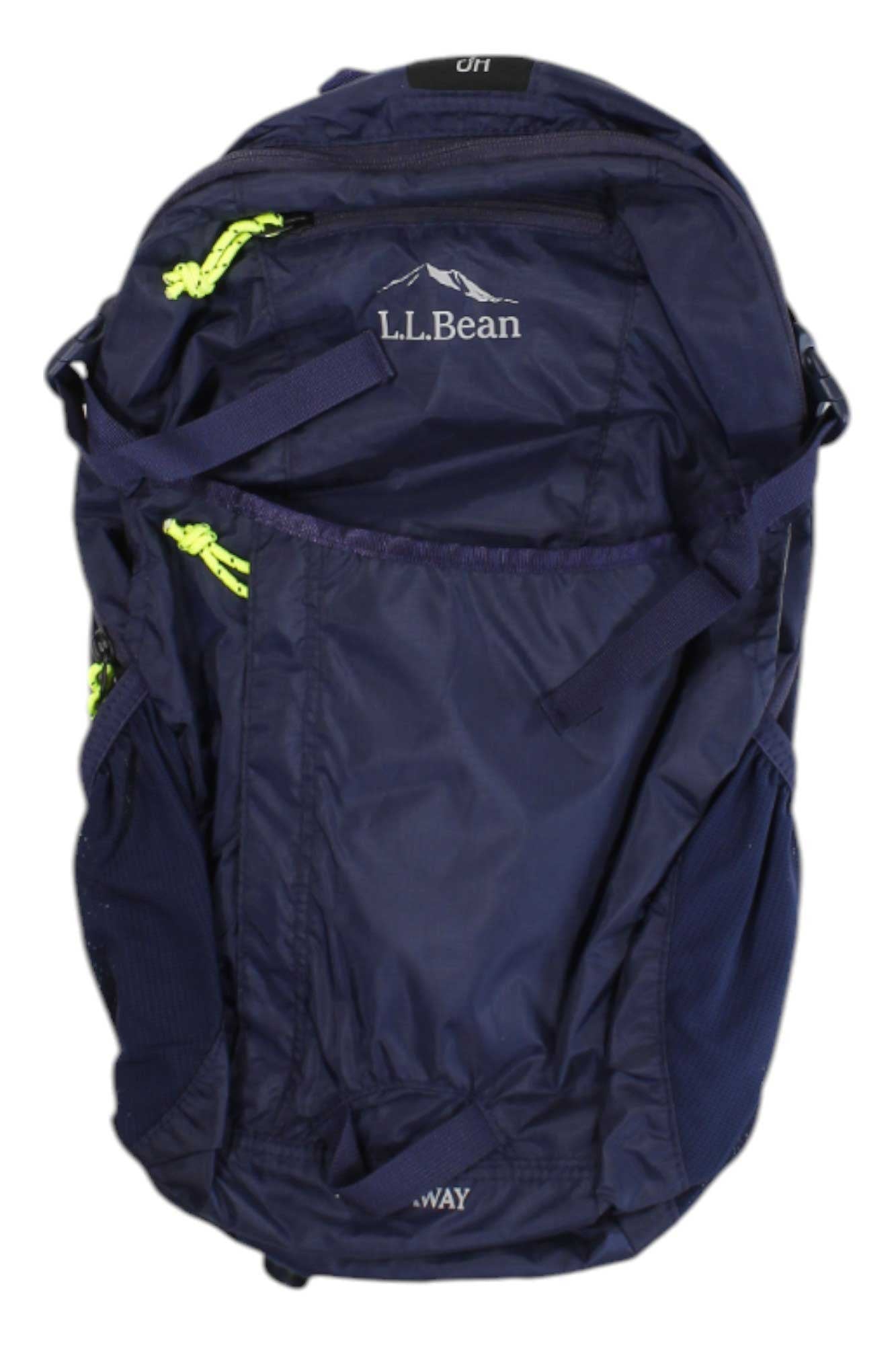 L.L.Bean stowaway pack in dark navy with neon lime drawcords and small logo