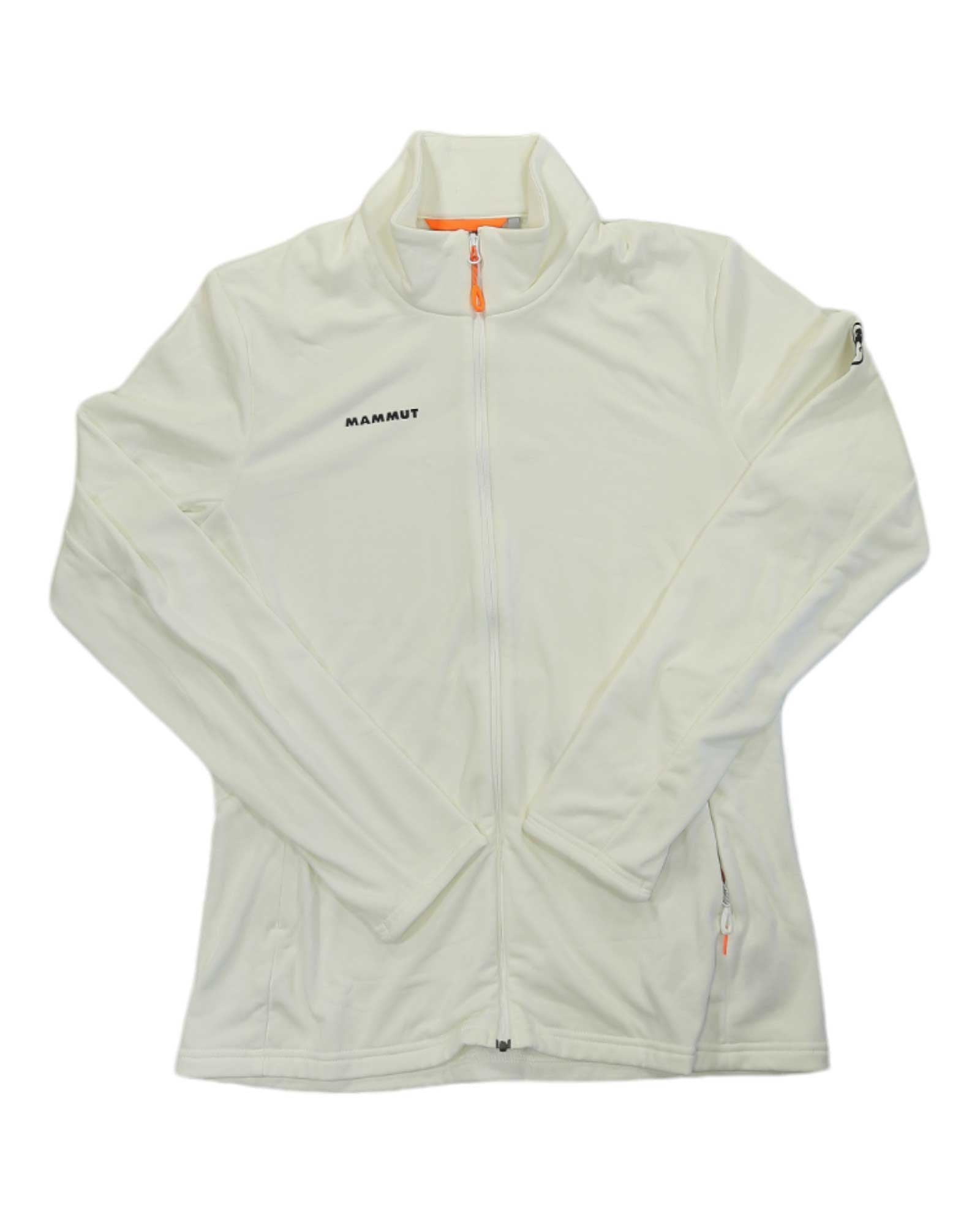 The Mammut Womens Aconcagua Light ML Jacket is a white full-zip fleece made from recycled polyester, with the Mammut logo on the left chest and a small sleeve logo, shown on a plain white background.