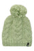 Light green cable-knit winter beanie with oversized pom-pom and small logo patch