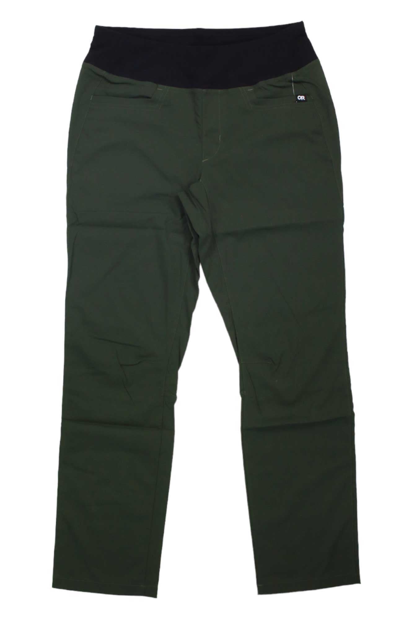 Outdoor Research Womens Zendo Pant in dark green features a stretchy black waistband, two front pockets, and a small logo tag below the right waistband. Lightweight design shown laid flat on a white background.