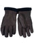 The Hestra Men's Deerskin Primaloft Ribbed Glove features brown deerskin leather and black ribbed knit cuffs, shown palm and back side—ideal for outdoor activities.