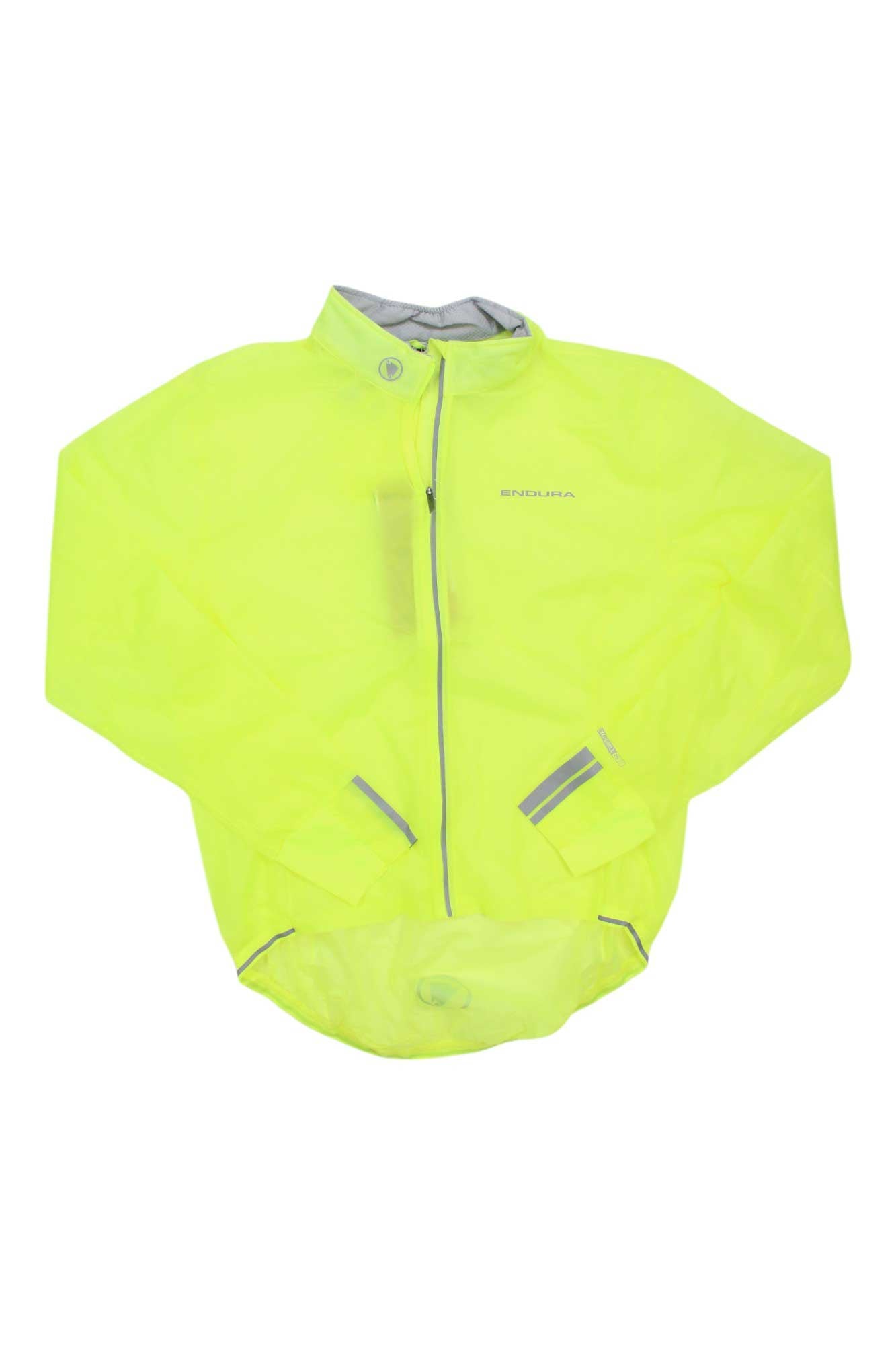 The Endura Mens FS260 Pro Adrenaline Race Cape II Jacket is a lightweight yellow cycling jacket with a front zipper, small collar, two reflective strips on the cuffs, and the Endura logo on the chest.