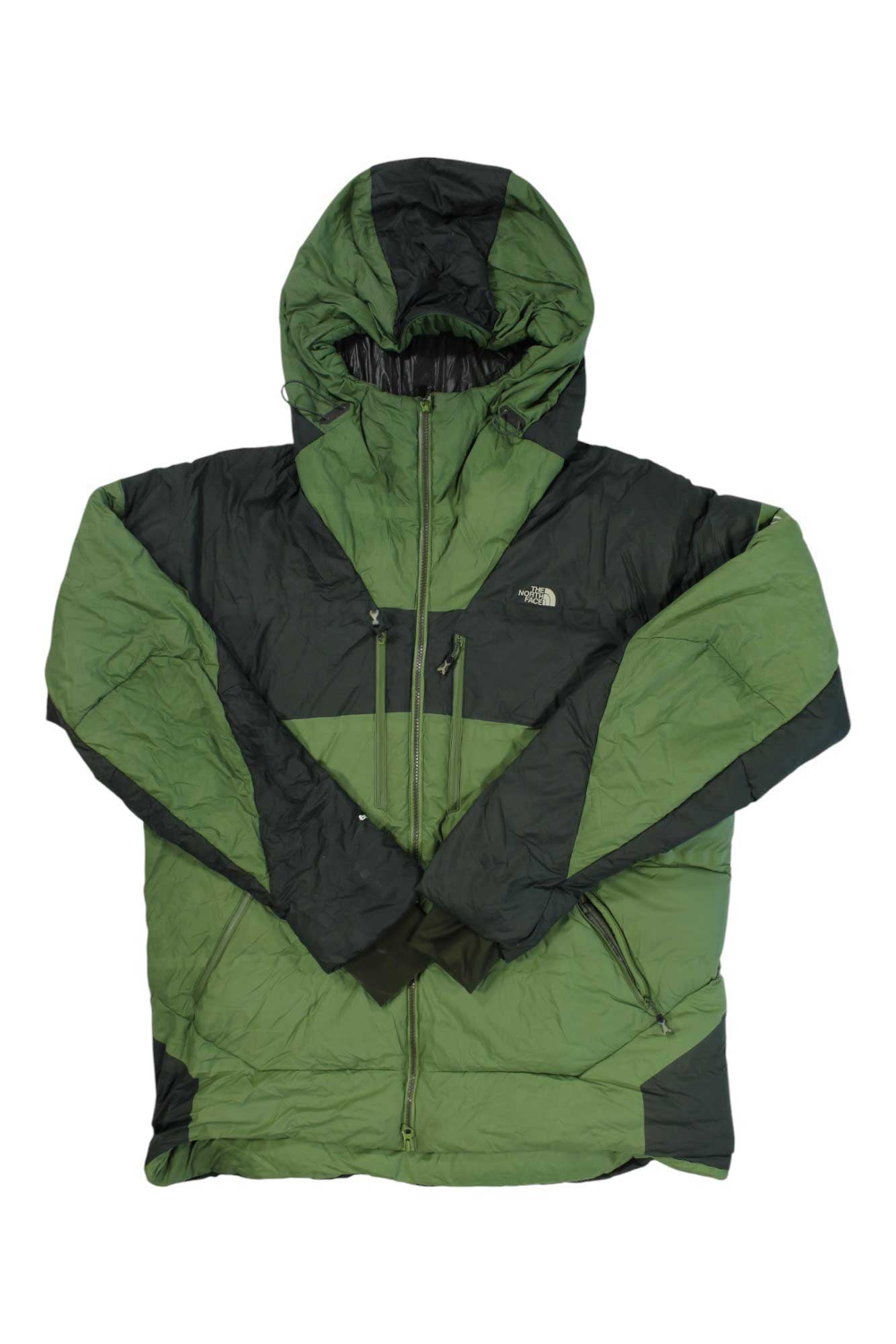 Men's down belay parka with green hood and black panels, zip front