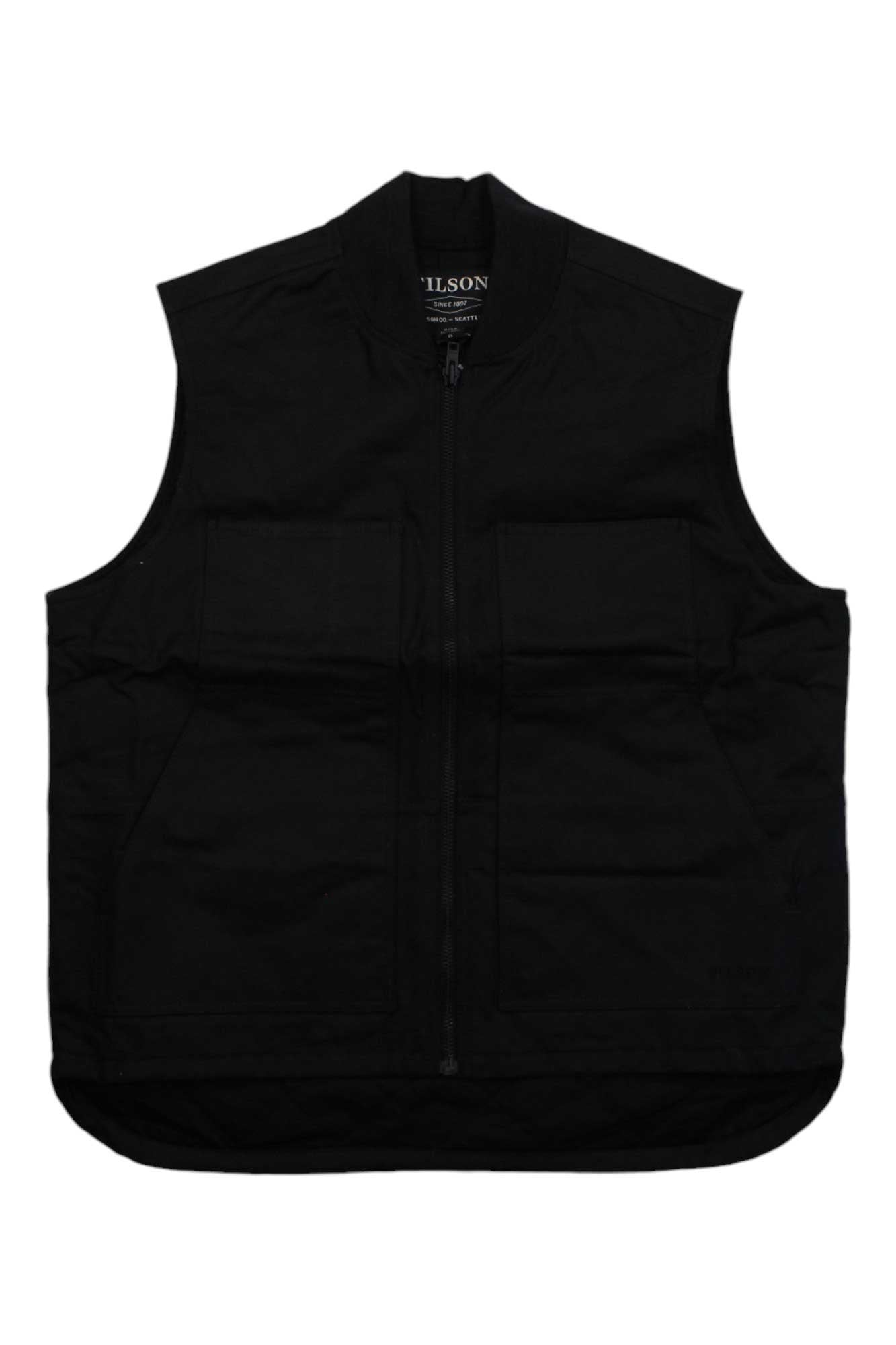 Men's Filson insulated work vest, black, sleeveless front zip with quilted panels