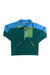 The Cotopaxi Womens Abrazo Half-Zip Fleece Jacket is made with recycled polyester and features a blue upper, green lower section, light green accents, a high collar, quarter-zip closure, and a zippered chest pocket.