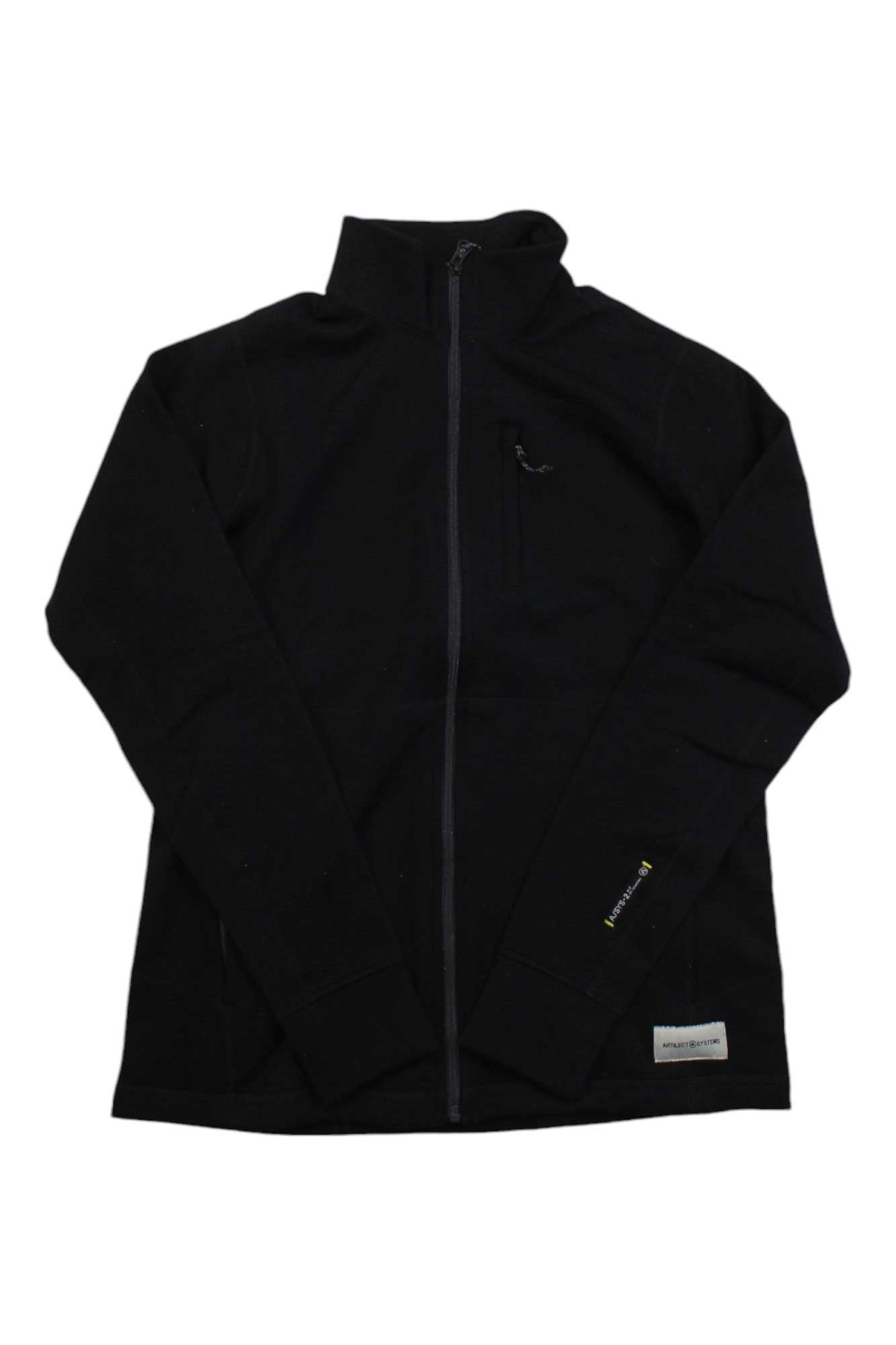 The Artilect Womens Eldorado 310 Merino Jacket is a black slim-fit zip-up with a high collar, chest pocket, and small front label. Long sleeves have subtle wrist branding. Shown laid flat on a white background.