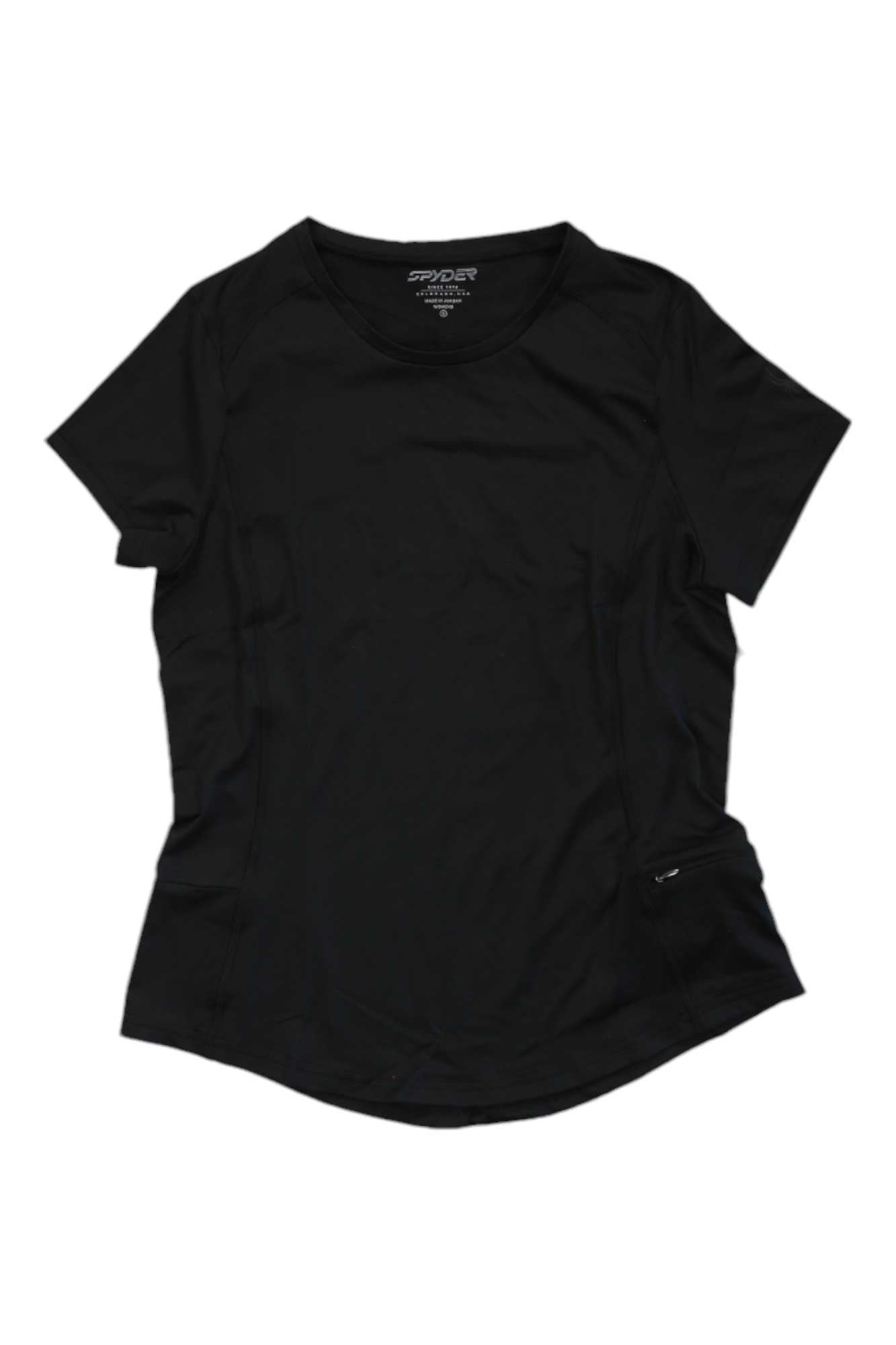 The Spyder Womens Arc Graphene Tech Shirt is a plain black, fitted athleisure top with short sleeves, a round neckline, and a small zippered pocket on the lower right—ideal for active lifestyles.