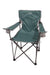 Folding camping chair with teal seat and tall back, side armrests, black folding frame