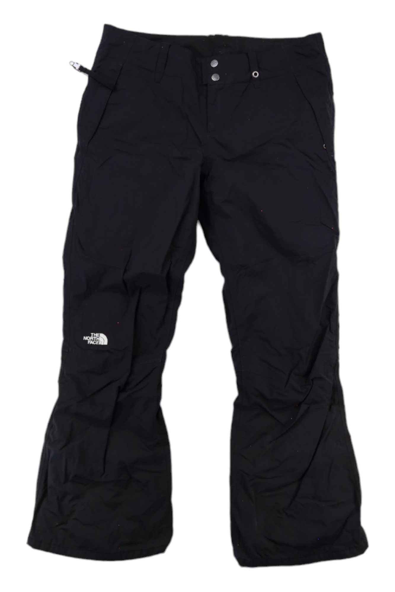 Black The North Face Womens Sally Insulated Pant featuring a zippered pocket, button and zip closure, and white North Face logo on the left thigh. These women’s insulated ski pants are shown flat on a white background.