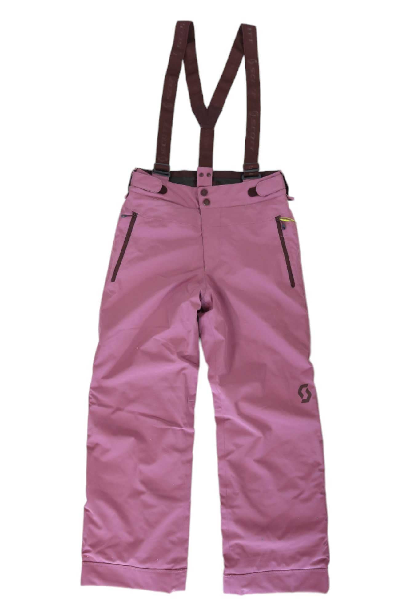 The Scott USA Juniors' Vertic Dryo 10 Pant is a waterproof, insulated kids' snow pant with black zippers, adjustable dark brown suspenders, the Scott logo on the left leg, reinforced cuffs, and a relaxed fit.
