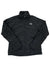 A black Women's ThermoBall Full-Zip Jacket by The North Face, featuring synthetic insulation, a stand-up collar, and a white logo on the left chest. The jacket is shown laid flat with sleeves slightly spread outward.