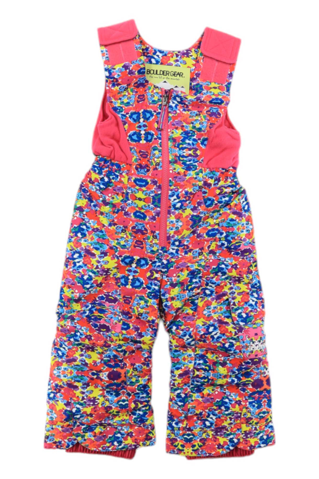 The Boulder Gear Hailey Bib Snow Pants for toddlers and kids feature a colorful floral pattern, waterproof insulation, adjustable shoulder straps, a front zipper, and a Boulder Gear chest label.